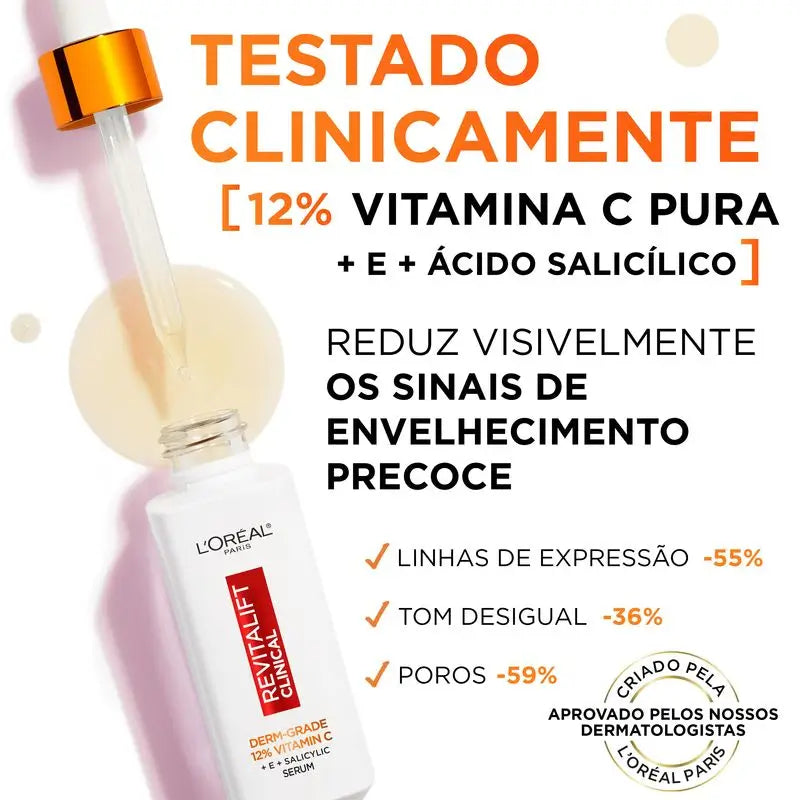 L'Oréal Paris Revitalift Clinical Serum [Siero antirughe] Con il 12% di vitamina C pura + vitamina E + acido salicilico.