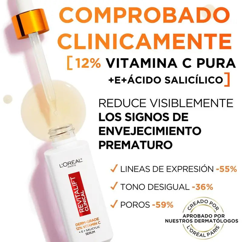 L'Oréal Paris Revitalift Clinical Serum [Siero antirughe] Con il 12% di vitamina C pura + vitamina E + acido salicilico.