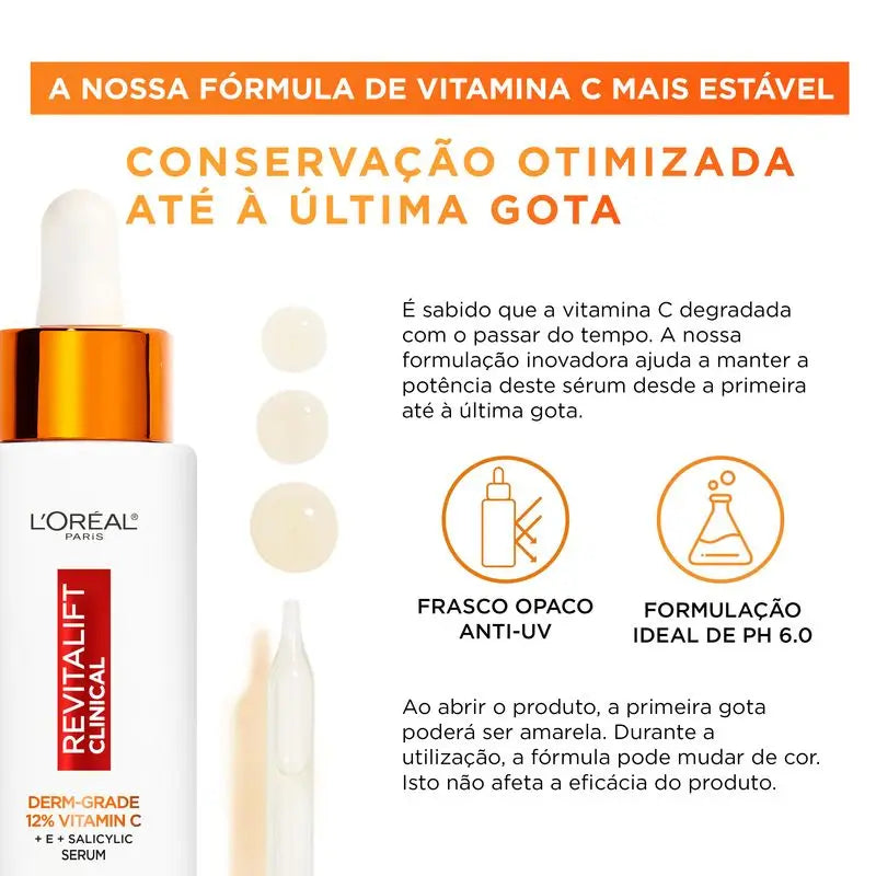 L'Oréal Paris Revitalift Clinical Serum [Siero antirughe] Con il 12% di vitamina C pura + vitamina E + acido salicilico.