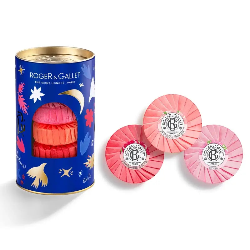 Scatola di saponi Roger & Gallet: Fleur De Figuier - Gingembre Rouge - Rose, 3 pezzi.