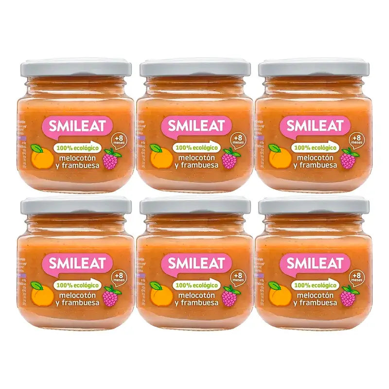 Smileat Barattolo di frutta biologica al lampone e alla pesca, Confezione 6 x 130 Gr