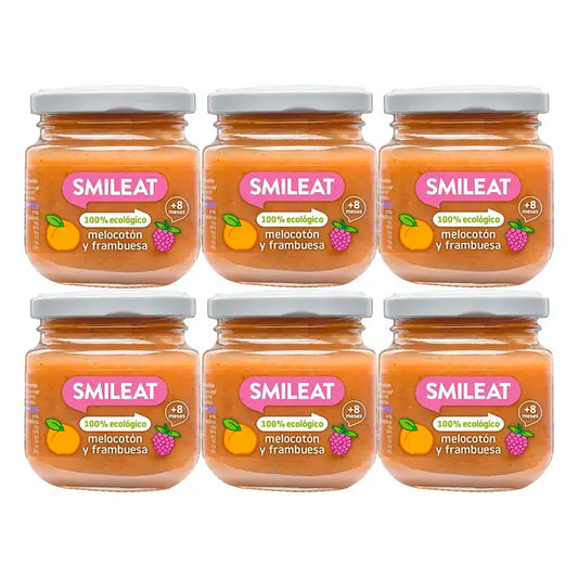 Smileat Barattolo di frutta biologica al lampone e alla pesca, Confezione 6 x 130 Gr