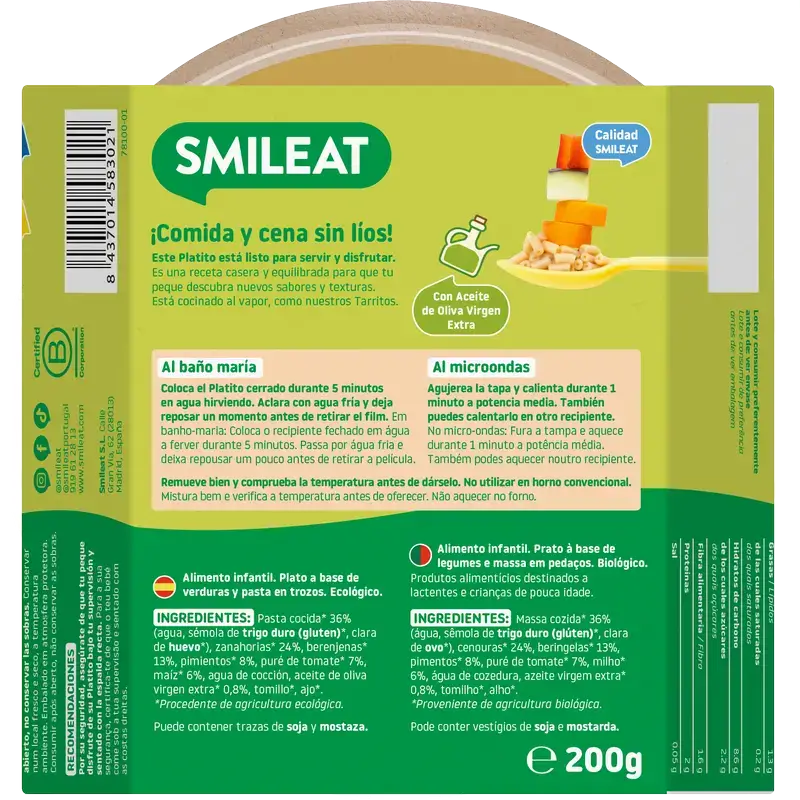 Smileat Piatto piccolo Maccheroni con verdure dell'orto Eco, 200 g