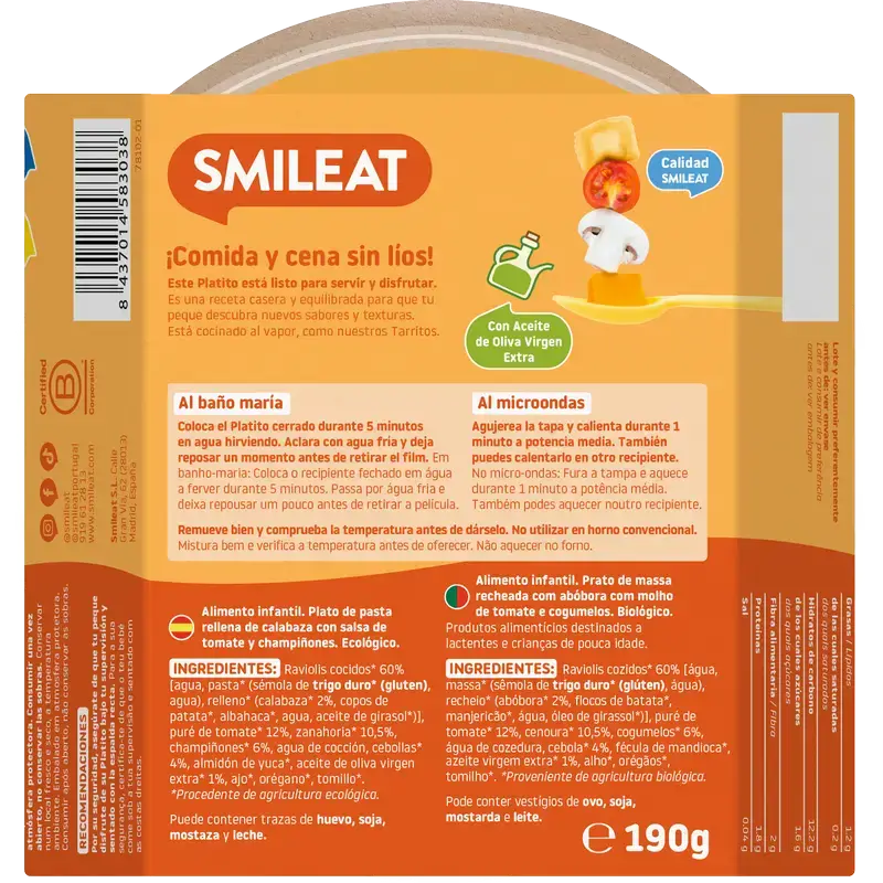 Smileat Piatto piccolo Ravioli di zucca con salsa di pomodoro Eco, 190 g