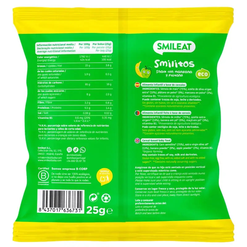 Smileat Smilito Snack Mela e Banana Eco Smileat , 25 grammi
