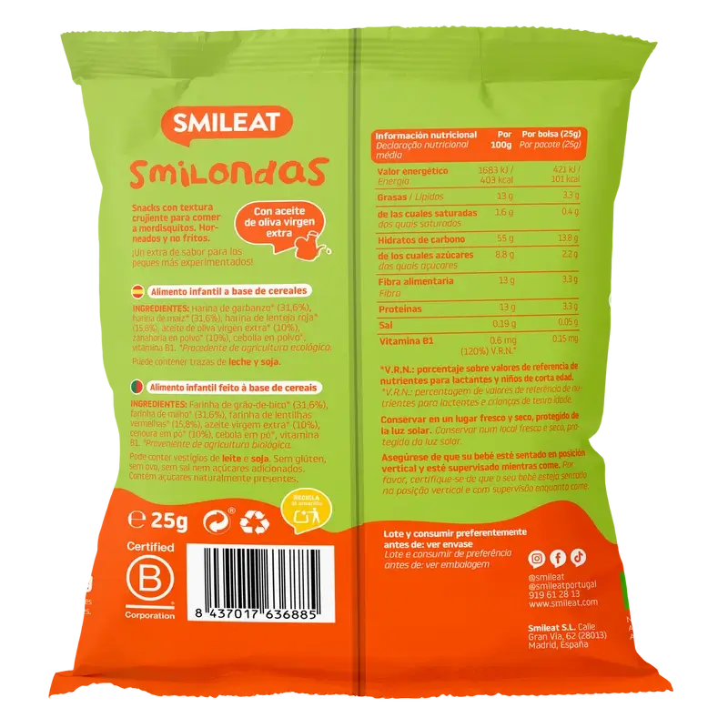 Smileat Smilondas Snack di mais, verdure e carote, 25 grammi