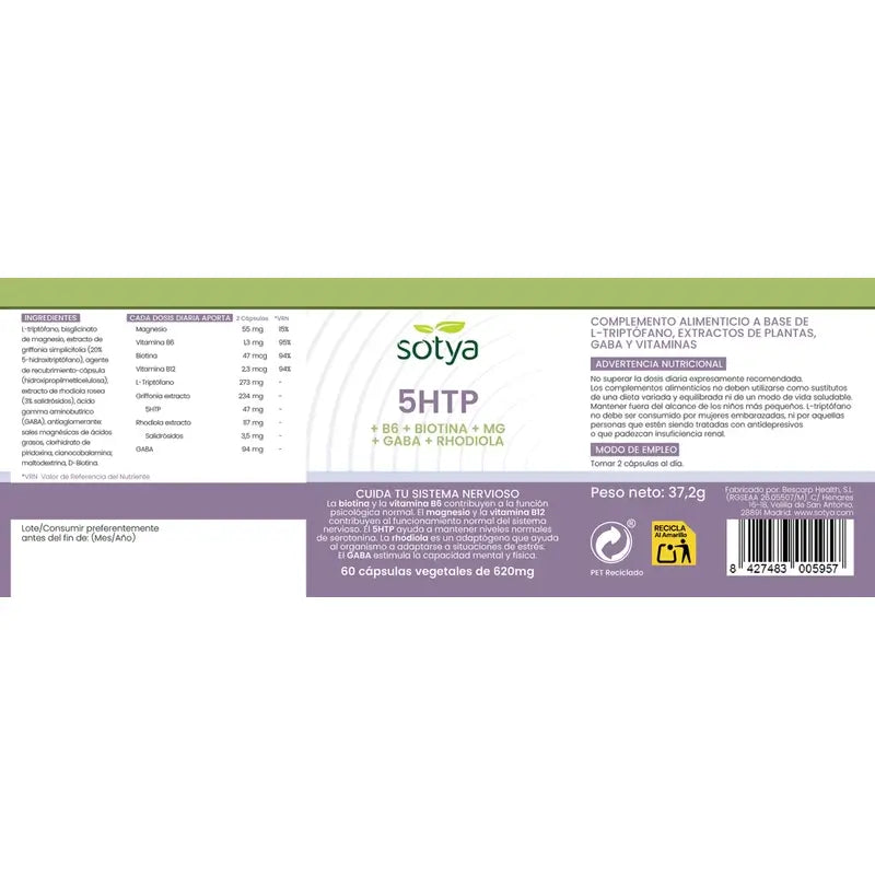 Sotya 5HTP+B6+Biotina+Mg+Gaba+Rodiola 620 mg, 60 Capsule Vegetali