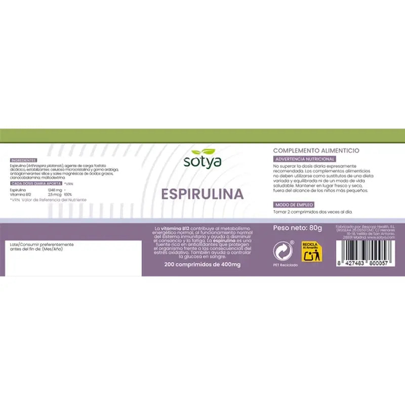 Sotya Spirulina + B12 400 Mg , 200 capsule