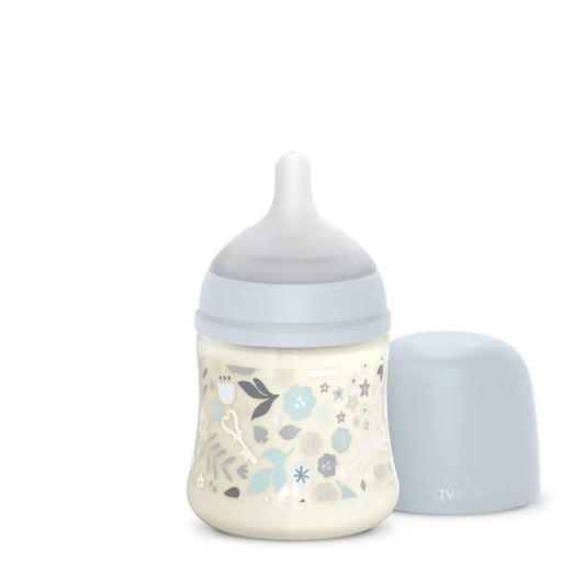 Biberon Suavinex 150 Ml, Flusso lento (S), +0 mesi, Fiori del Paese delle Meraviglie Blu