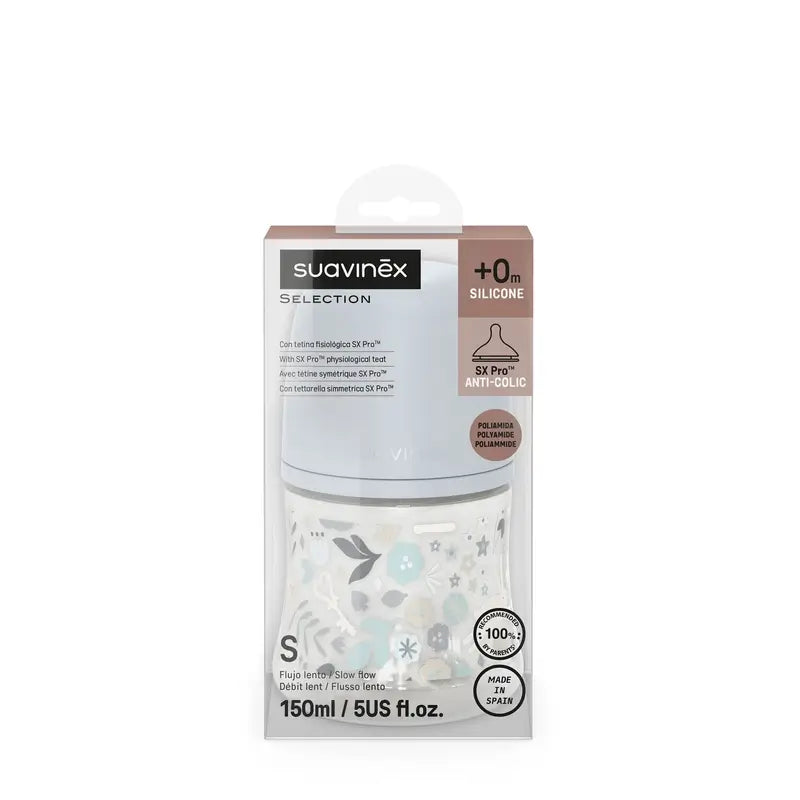 Biberon Suavinex 150 Ml, Flusso lento (S), +0 mesi, Fiori del Paese delle Meraviglie Blu