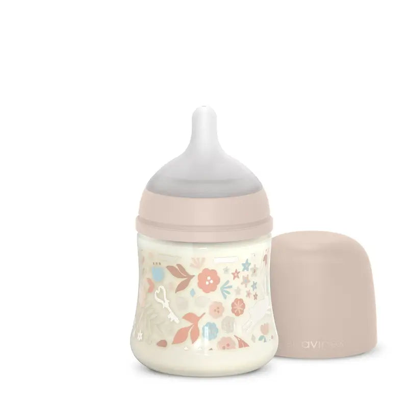 Biberon Suavinex 150 Ml, Flusso lento (S), +0 mesi, Rosa Fiori del Paese delle Meraviglie