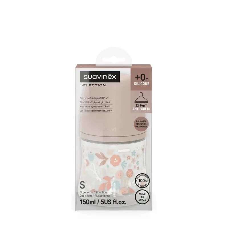 Biberon Suavinex 150 Ml, Flusso lento (S), +0 mesi, Rosa Fiori del Paese delle Meraviglie