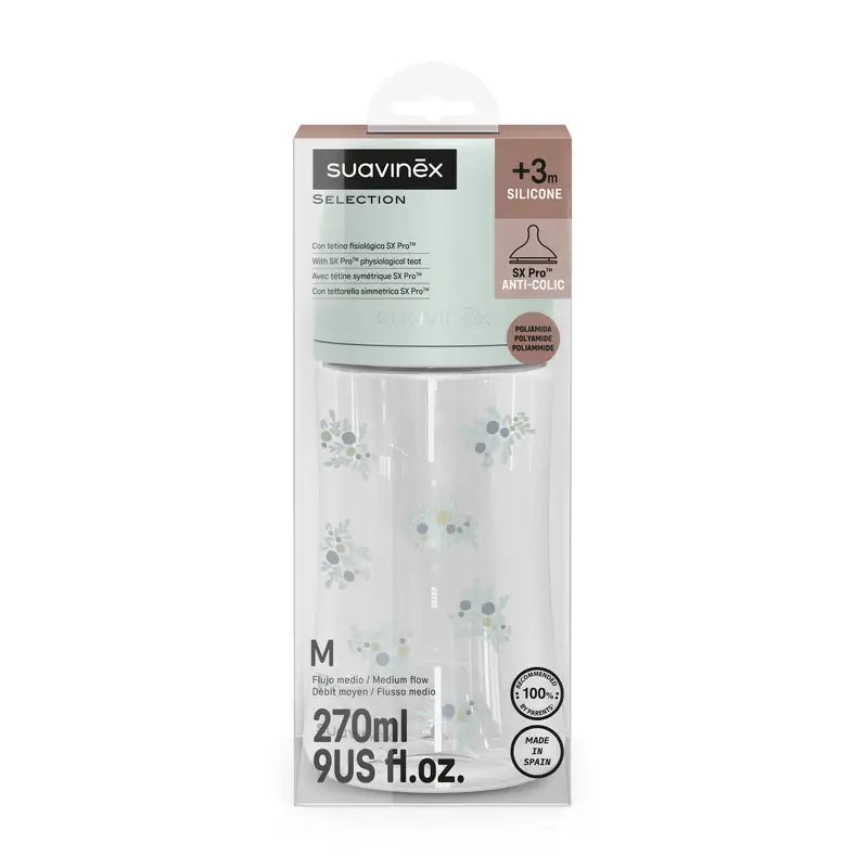 Suavinex Biberon 270 Ml, flusso medio (M), +3 mesi, blu poesia