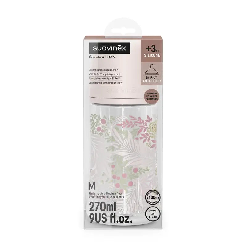 Biberon Suavinex 270 Ml, flusso medio (M), +3 mesi, Rosa Poesia