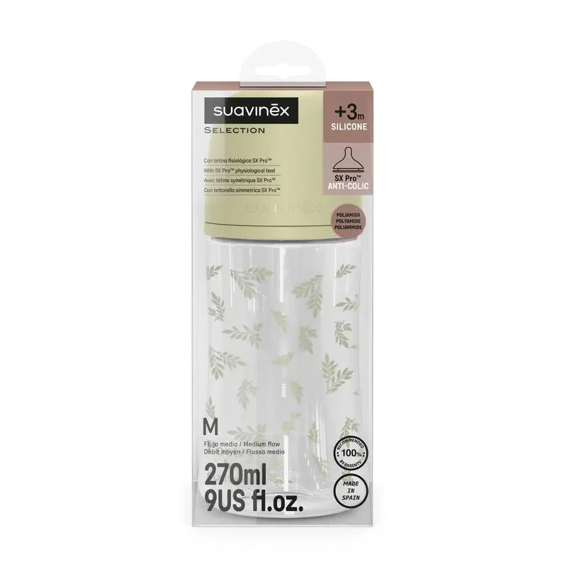 Biberon Suavinex 270 Ml, flusso medio (M), +3 mesi, Poesia verde