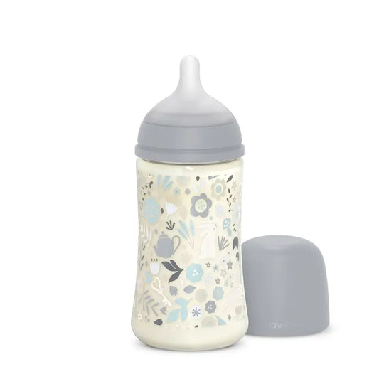 Biberon Suavinex 270 Ml, flusso medio (M), +3 mesi, blu fiori del paese delle meraviglie