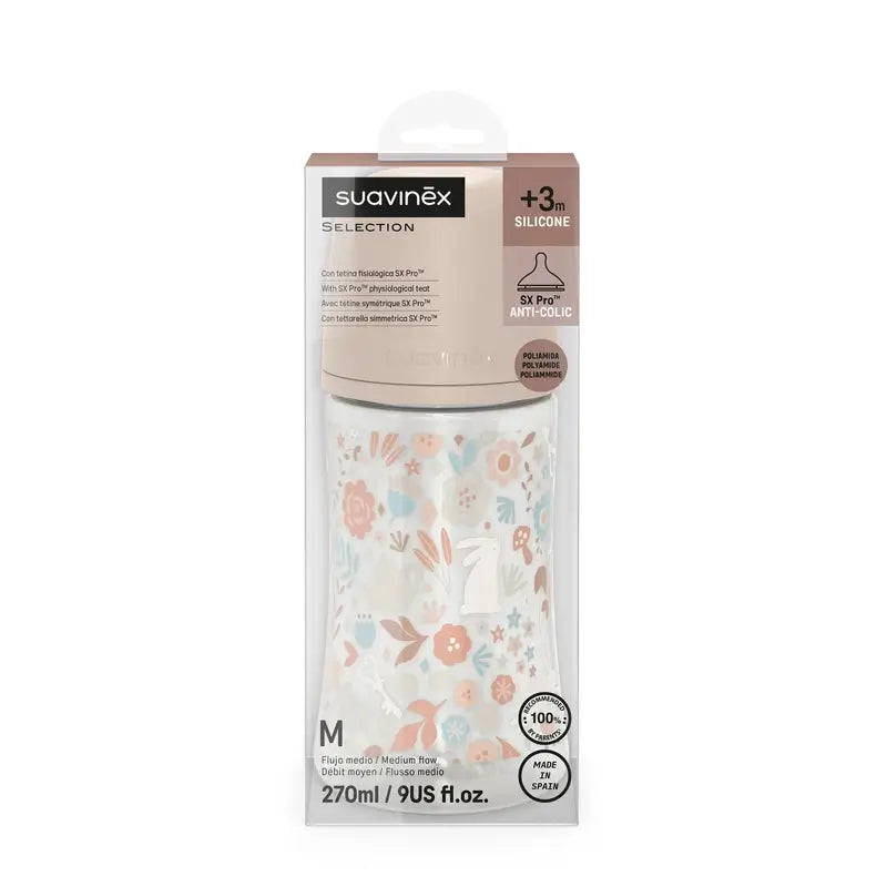 Biberon Suavinex 270 Ml, flusso medio (M), +3 mesi, rosa fiori di Wonderland
