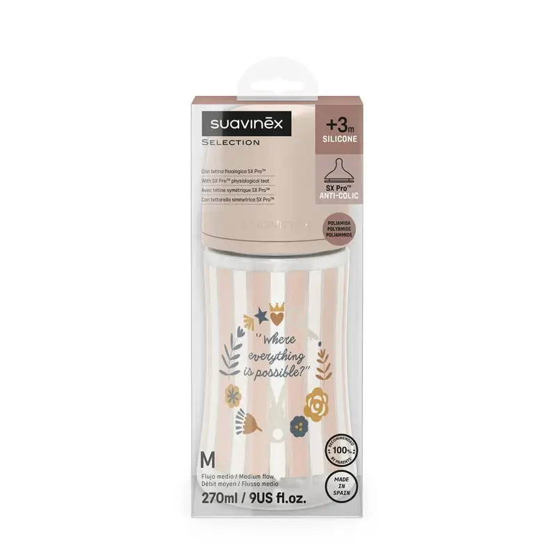 Biberon Suavinex 270 Ml, Flusso medio (M), +3 mesi, Rosa Wonderland