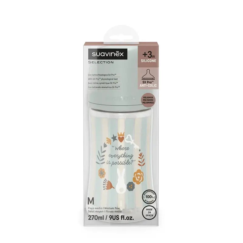 Biberon Suavinex 270 Ml, Flusso medio (M), +3 mesi, Verde Meraviglia