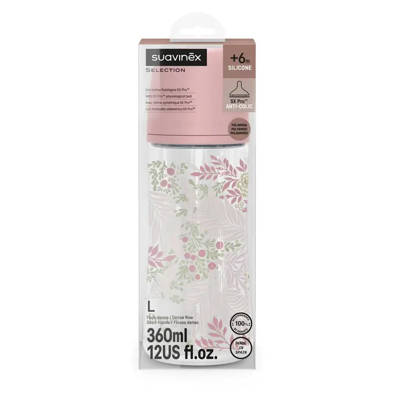 Biberon Suavinex 360 Ml, Flusso denso (L), +6 mesi, Rosa Poesia