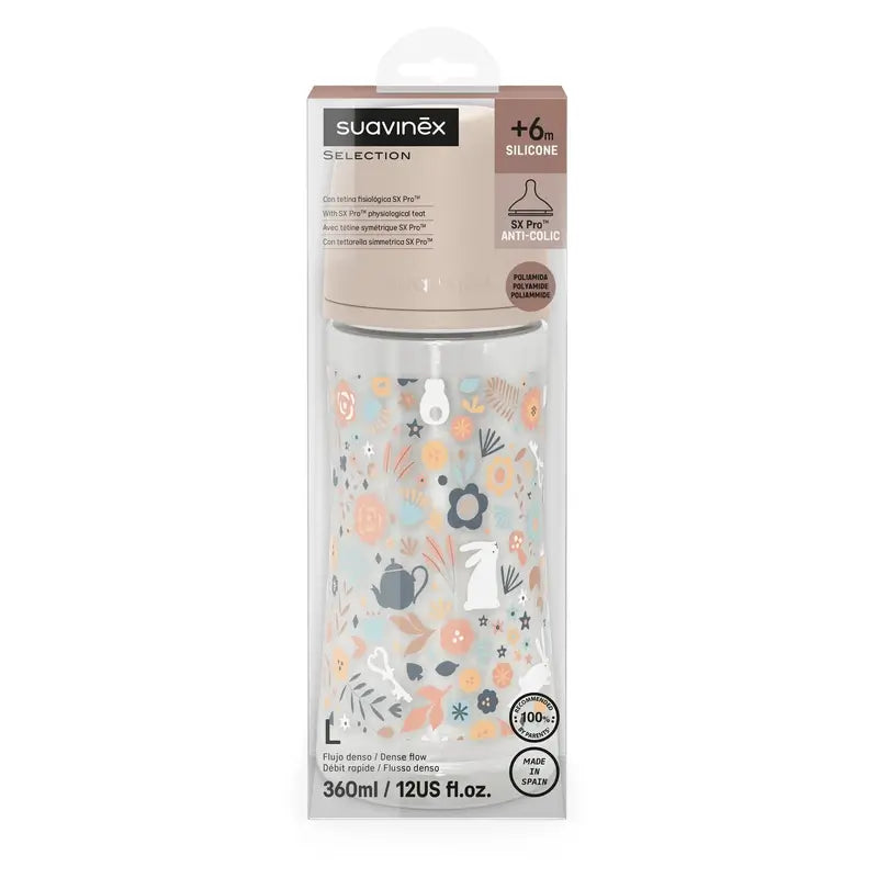 Suavinex Biberon 360 Ml, Flusso denso (L), +6 mesi, Rosa Fiori del Paese delle Meraviglie
