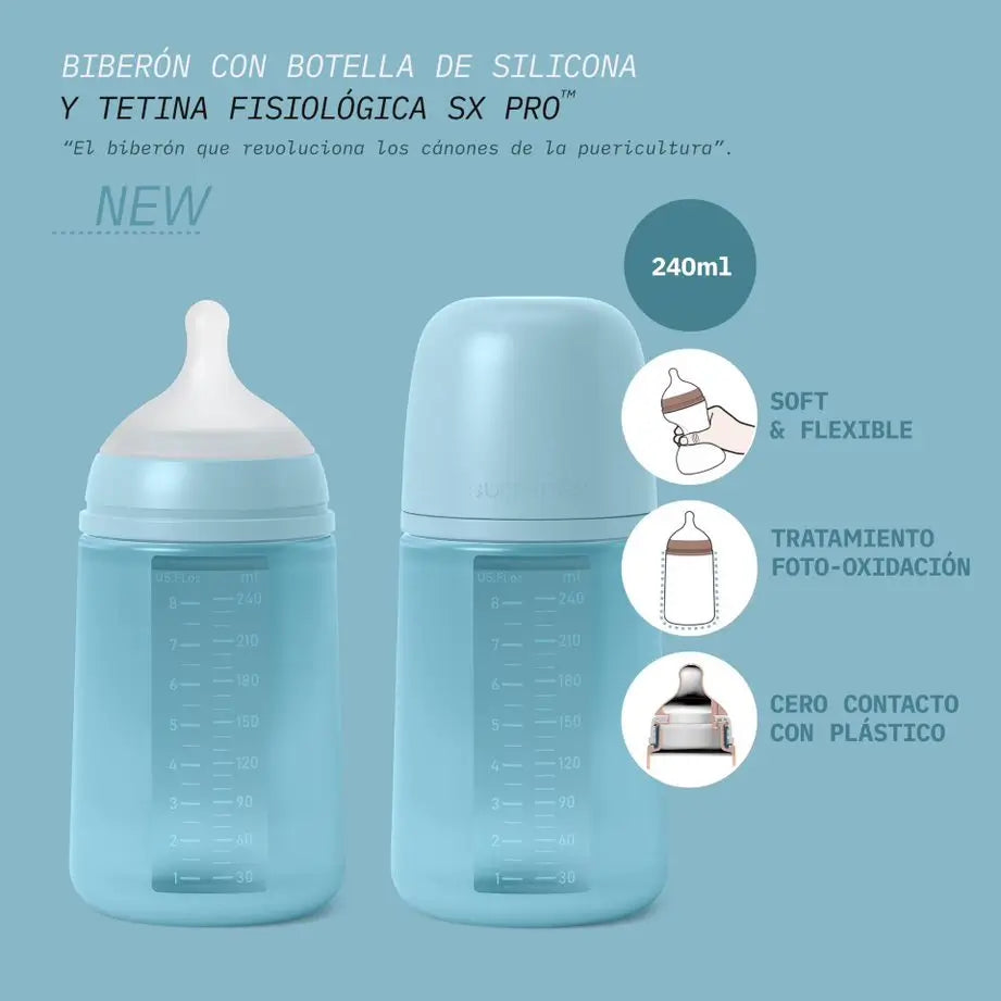 Biberon Suavinex con biberon in silicone 240 Ml, tettarella fisiologica Sx Pro, flusso medio (M). +3 mesi. Colore Essenza, Piastrella