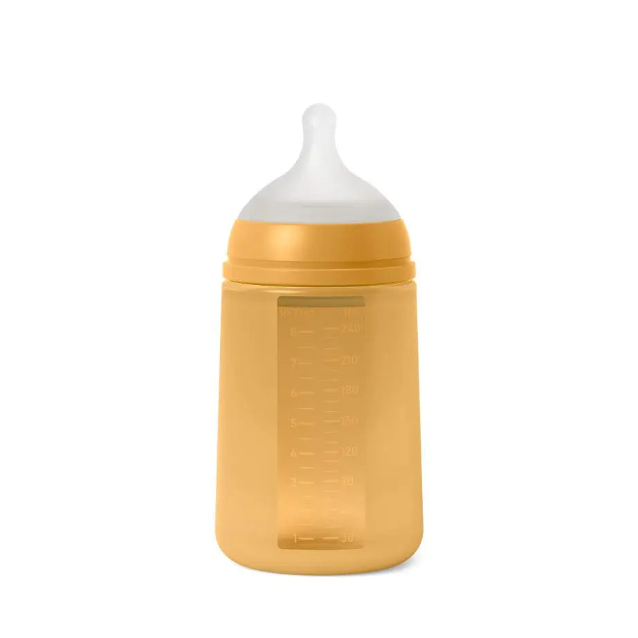 Biberon Suavinex con biberon in silicone 240 Ml, tettarella fisiologica Sx Pro, flusso medio (M). +3M. Colore Essenza, Senape