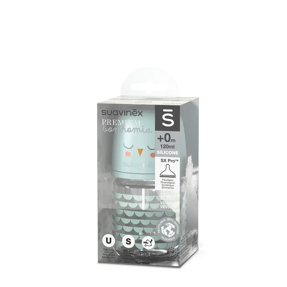 Suavinex Bottiglia di vetro 120 Ml. Tettarella fisiologica Sx Pro Silicone. Bottiglia a flusso lento. +0 mesi. Bonhomia, Verde