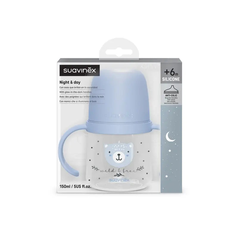 Suavinex biberon notturno Night & Day +6 mesi Wild&Free Blue, 150 ml