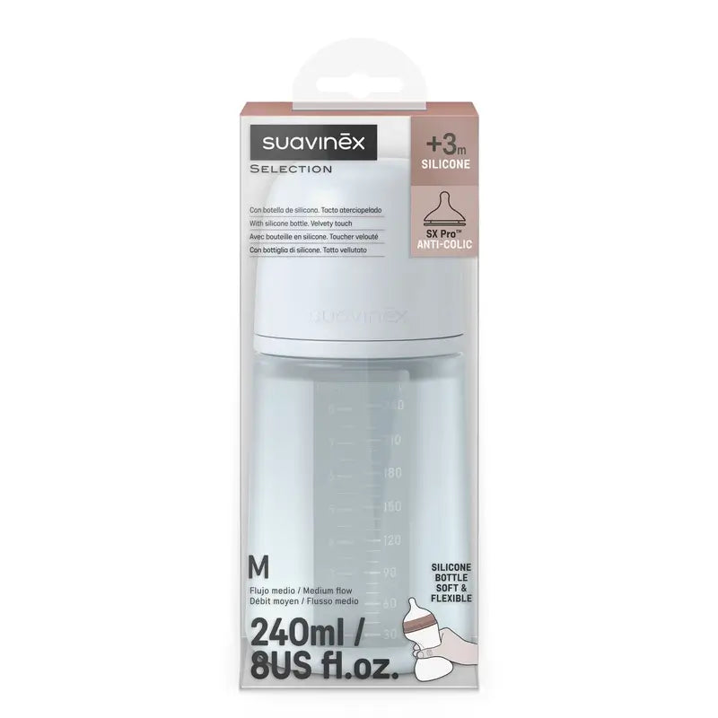 Suavinex Bottiglia in silicone 240 Ml, flusso medio (M), +3 mesi, blu Ballad