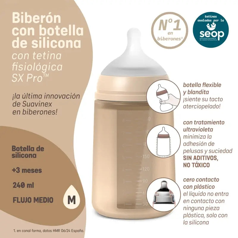 Suavinex Bottiglia in silicone 240 Ml, flusso medio (M), +3 mesi, blu Ballad