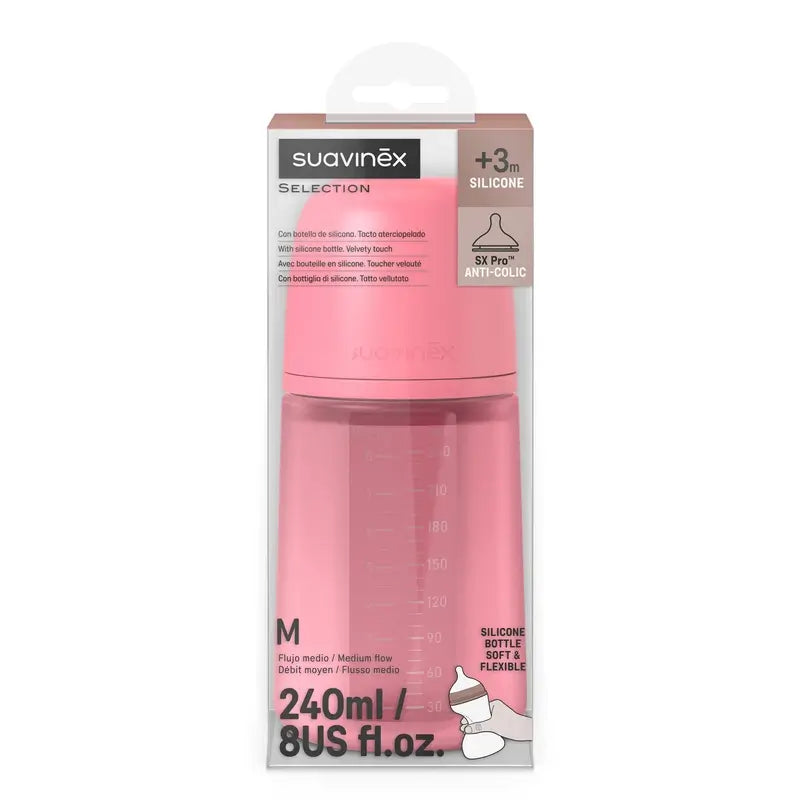 Suavinex Biberon in silicone 240 Ml, flusso medio (M), +3 mesi, fucsia