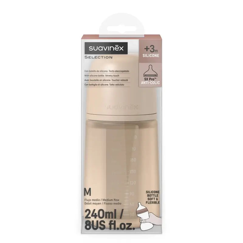 Suavinex Bottiglia in silicone 240 Ml, flusso medio (M), +3 mesi, Irish Cream