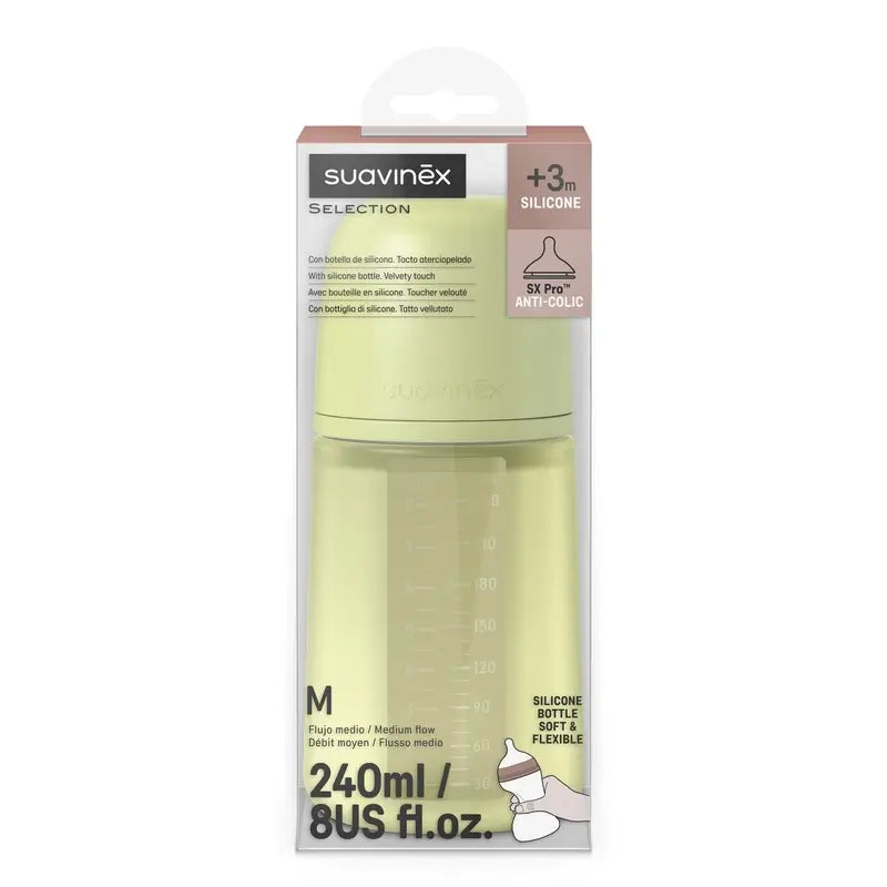 Suavinex Bottiglia in silicone 240 Ml, flusso medio (M), +3 mesi, Lime