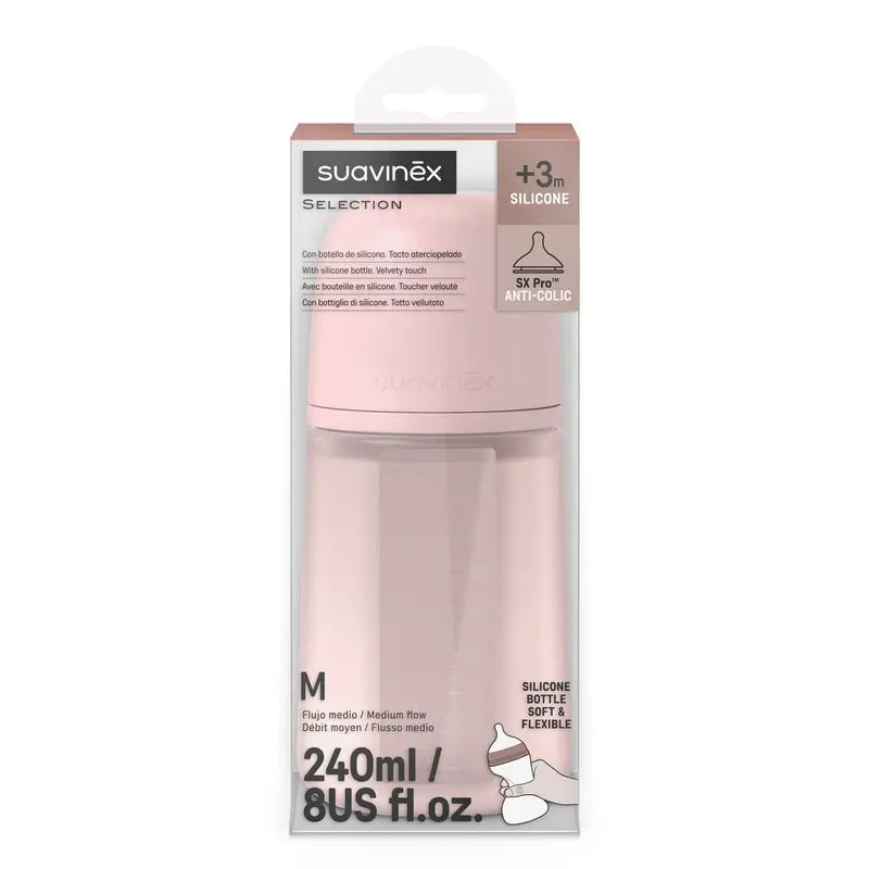 Suavinex Bottiglia in silicone 240 Ml, flusso medio (M), +3 mesi, acqua di rose