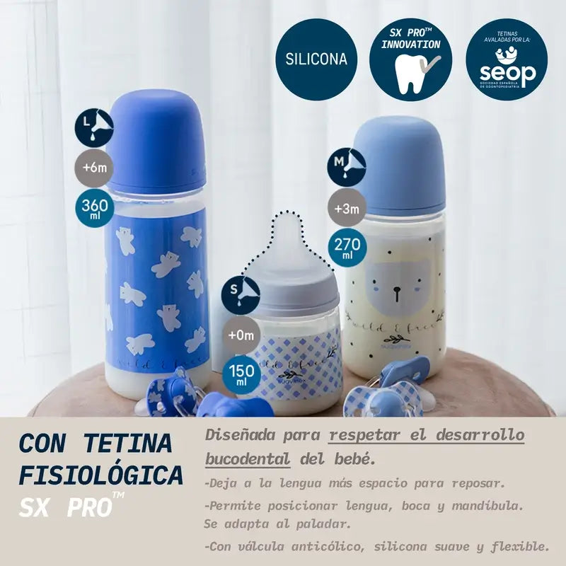 Suavinex Sx Pro Teat Bottiglia a flusso denso (L) +6 mesi Wild&Free Blue, 360 ml