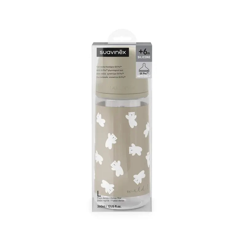 Suavinex Sx Pro Teat Bottiglia a flusso denso (L) +6 mesi Wild&Free Beige, 360 ml