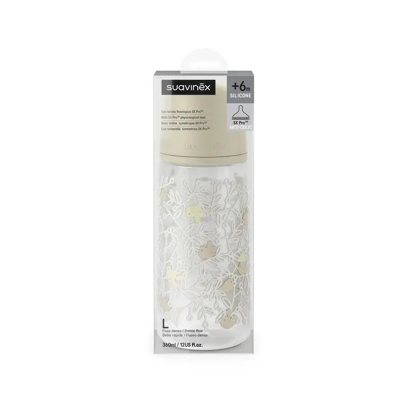 Suavinex Biberon Sx Pro Flusso Denso (L) +6 mesi Birdies Beige, 360 ml