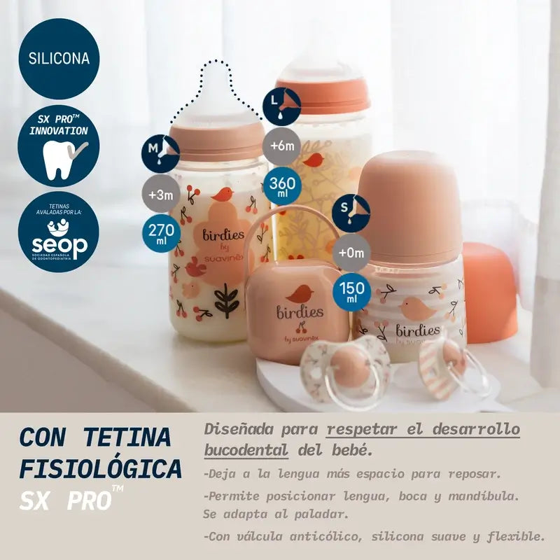 Suavinex Biberon Sx Pro Flusso Denso (L) +6 Mesi Birdies Rosa, 360 ml