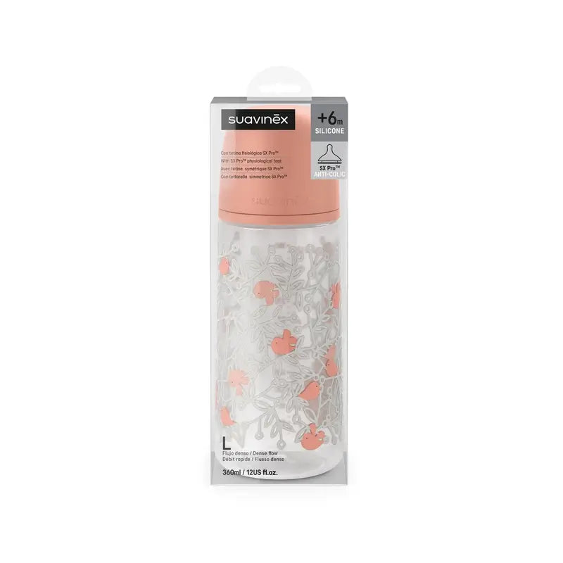 Suavinex Biberon Sx Pro Flusso Denso (L) +6 Mesi Birdies Rosa, 360 ml
