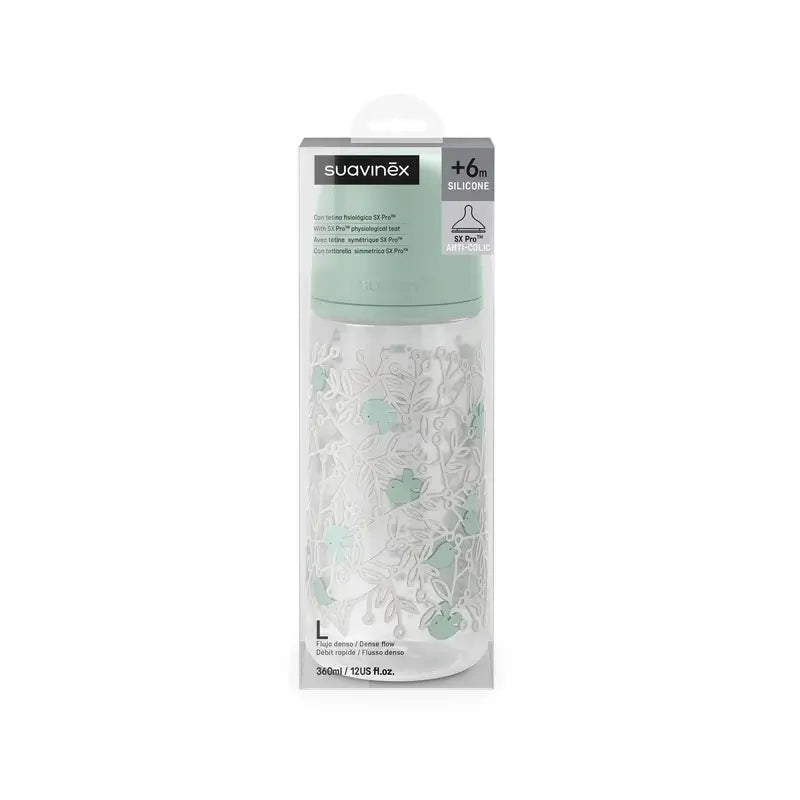 Suavinex Biberon Sx Pro Flusso Denso (L) +6 Mesi Verde Birdies, 360 ml