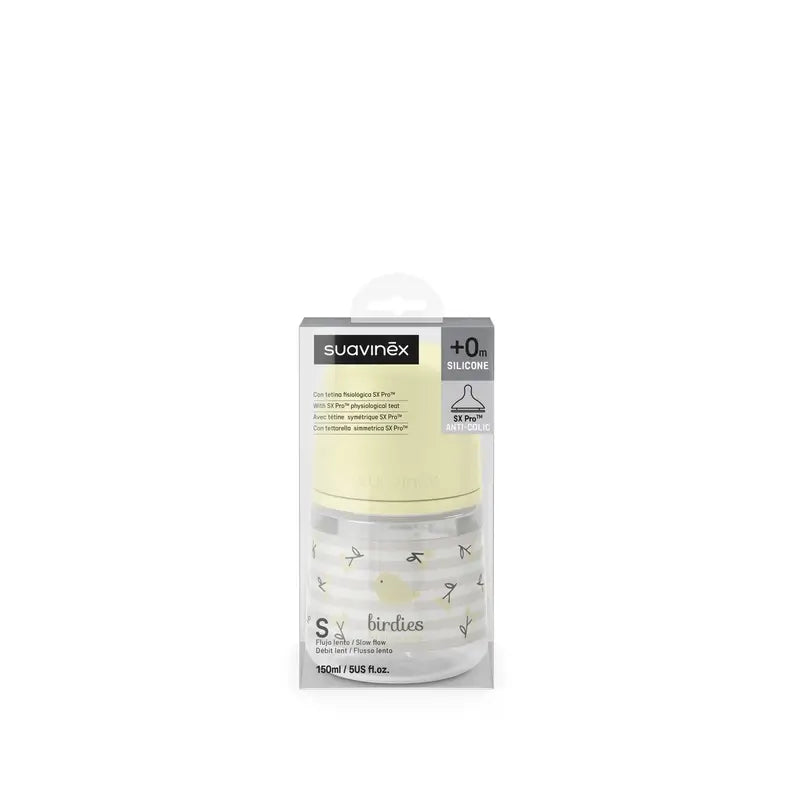 Suavinex Tettarella per biberon Sx Pro a flusso lento (S) +0 mesi Birdies Beige, 150 ml