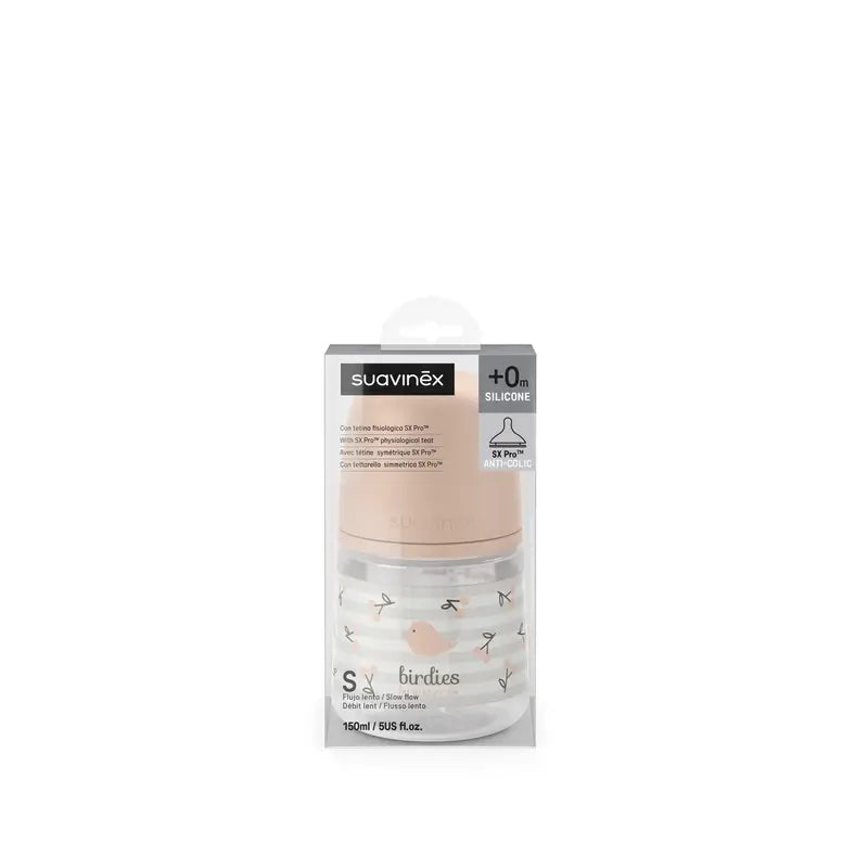 Suavinex Biberon Sx Pro a flusso lento (S) +0 mesi Birdies Pink, 150 ml