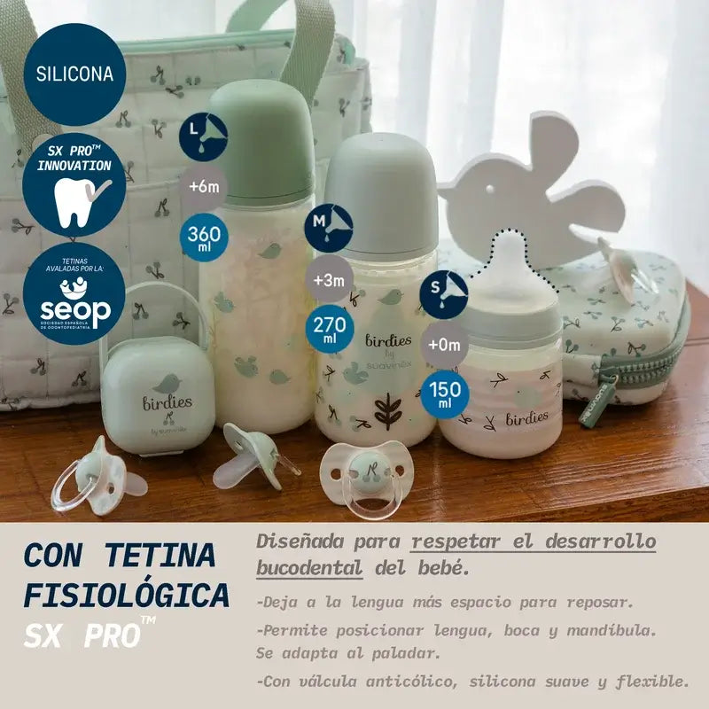 Suavinex Biberon Sx Pro a flusso lento (S) +0 mesi Birdies Verde, 150 ml