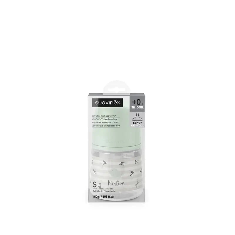 Suavinex Biberon Sx Pro a flusso lento (S) +0 mesi Birdies Verde, 150 ml