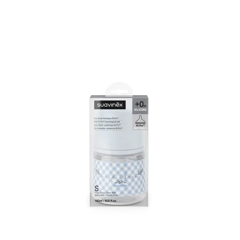 Suavinex Biberon Sx Pro a flusso lento (S) +0 mesi Wild&Free Blu, 150 ml