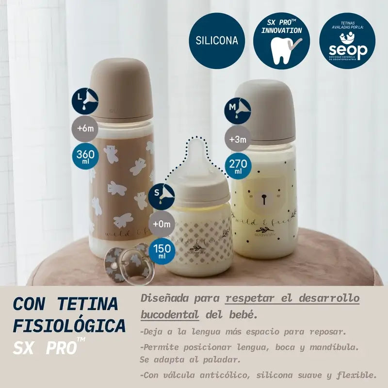 Suavinex Biberon Sx Pro a flusso lento (S) +0 mesi Wild&Free Beige, 150 ml