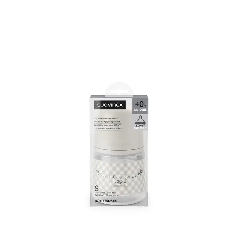 Suavinex Biberon Sx Pro a flusso lento (S) +0 mesi Wild&Free Beige, 150 ml
