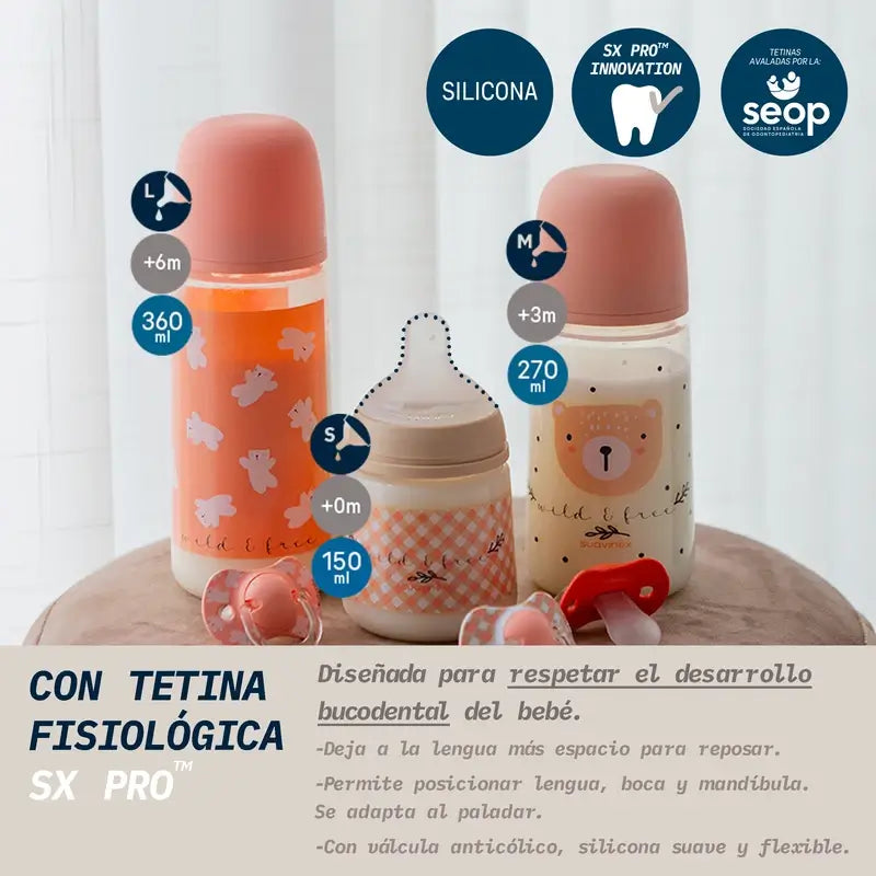 Suavinex Biberon con tettarella Sx Pro a flusso lento (S) +0 mesi Wild&Free Rosa, 150 ml