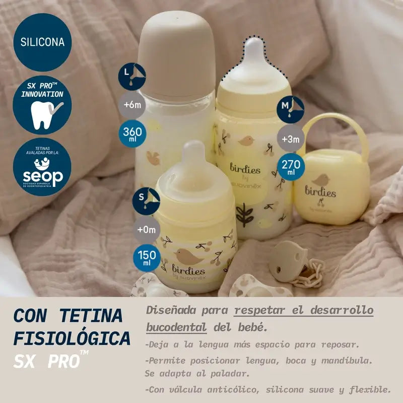 Suavinex Tettarella per biberon Sx Pro a flusso medio (M) +3 mesi Birdies Beige, 270 ml